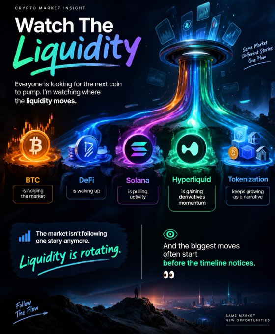 An infographic titled 'CRYPTO MARKET INSIGHT: Watch The Liquidity' showing flow diagrams for 'BTC', 'DeFi', 'Solana', 'Hyperliquid', and 'Tokenization', with the message 'Liquidity is rotating.'