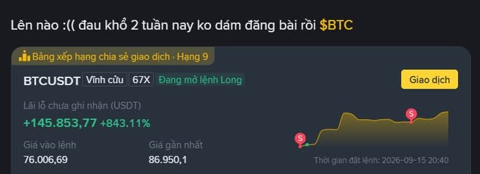 A Vietnamese Binance futures trading screenshot showing a BTCUSDT long position with +843.11% profit (+145,853.77 USDT), entry at 76,006.69 and current at 86,950.1, with Vietnamese text complaining about missing the order.