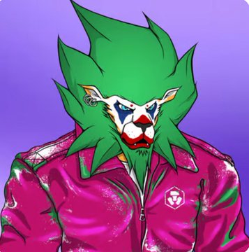 A digital illustration of a character with spiky green hair, wearing clown-like makeup and a pink jacket, set against a purple background.