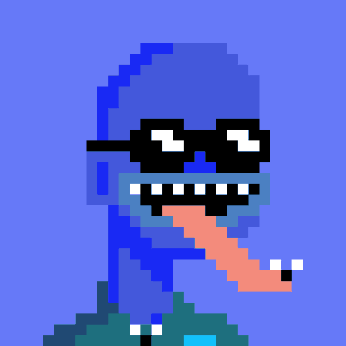 A pixel art portrait of a blue-hooded figure wearing black 'thug life' style sunglasses and sporting a long pink tongue sticking out.