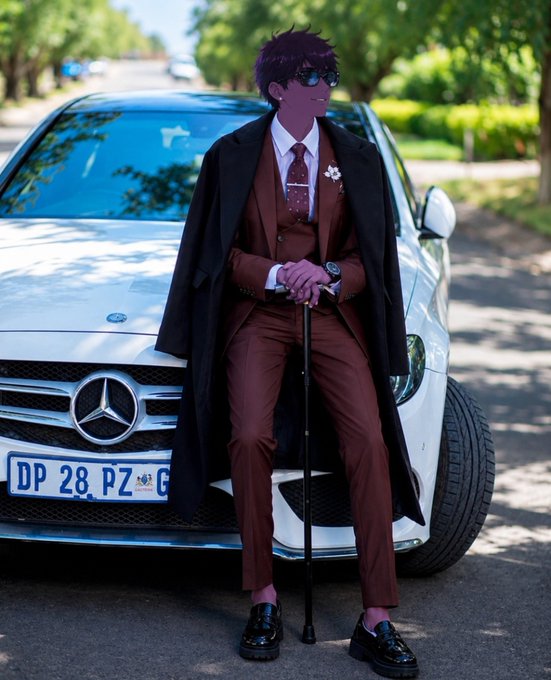 A person with purple hair and sunglasses dressed in a brown suit with a black overcoat, leaning on a cane in front of a white Mercedes car.