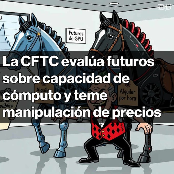 A satirical cartoon showing two horses labeled 'Alquiler público' and 'Alquiler por hora' with a man in a diamond vest between them, with Spanish text reading 'La CFTC evalúa futuros sobre capacidad de cómputo y teme manipulación de precios' (The CFTC evaluates futures on compute capacity and fears price manipulation).