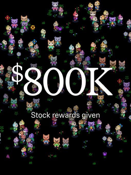 A promotional graphic displaying '$800K' in large white text with 'Stock rewards given' underneath, set against a black background filled with numerous pixel-art cat and animal characters.