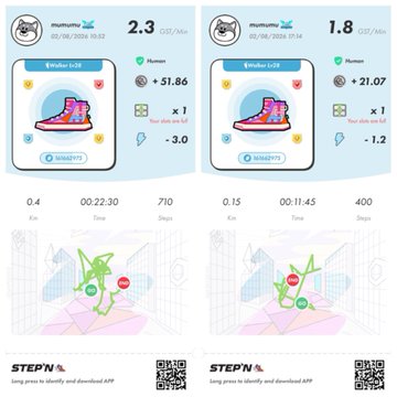 Two STEPR app screenshots showing smaller size (2.3) and (1.8) sneaker GPS runs dated 05/06/2024 with metrics like Position (+51.86, +21.07), Steps (710, 400), Time, and Km, plus GPS route maps on a track background.