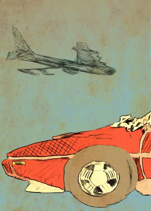 A vintage-style illustration on a textured, mottled teal background features a sketched airplane flying above a red sports car whose wheel is creatively designed as a soccer ball. The image evokes themes of travel and motion, fitting the "Transportation Device" art piece on @xrpcafe.