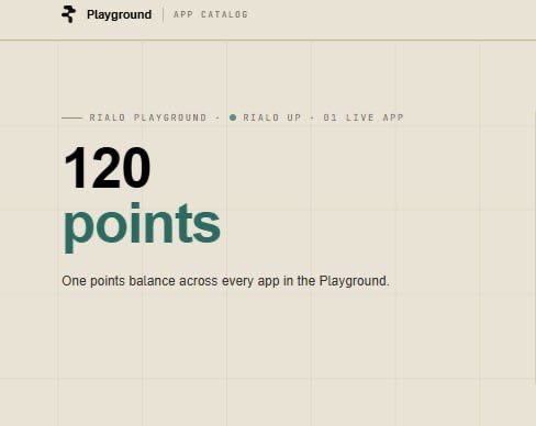 A 'Playground' app catalog page for 'RIALO PLAYGROUND' advertising '120 points - One points balance across every app in the Playground' for '01 LIVE APP'.