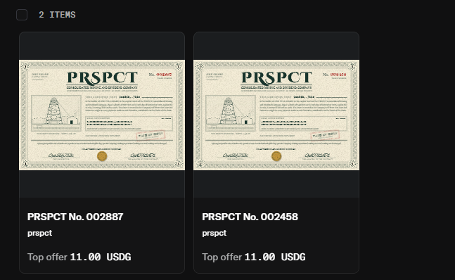 A screenshot shows two NFT listings on a marketplace, both titled 'PRSPCT' with certificates visible, displaying 'PRSPCT No. 002887' and 'PRSPCT No. 002458', each with a top offer of 11.00 USDG.
