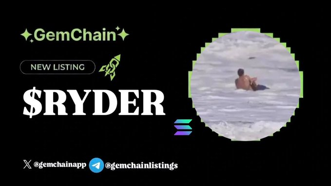 A promotional graphic for GemChain announcing a new listing for '$RYDER', featuring a circular photo of a person in the ocean, along with social handles @gemchainapp and @gemchainlistings.