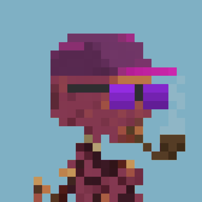 A pixel art character with purple skin, magenta hair, and blue sunglasses appears against a light blue background, shown holding a smoking pipe or hookah. The image illustrates the post about receiving an "Argonaut #9410" NFT, as the character resembles one of the Argonauts, the pixel-art avatar NFT collection mentioned in the caption.