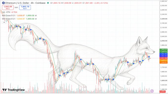 TradingView chart of Ethereum (ETH/USD) on Coinbase showing a 4-hour candle at $1,842.09 with an overlaid pencil sketch of a running fox.