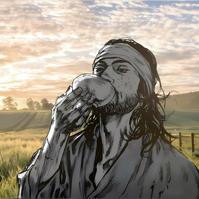 A black and white illustrated portrait of a long-haired man with a beard and headband drinking from a cup, set against a colorful sunset landscape.