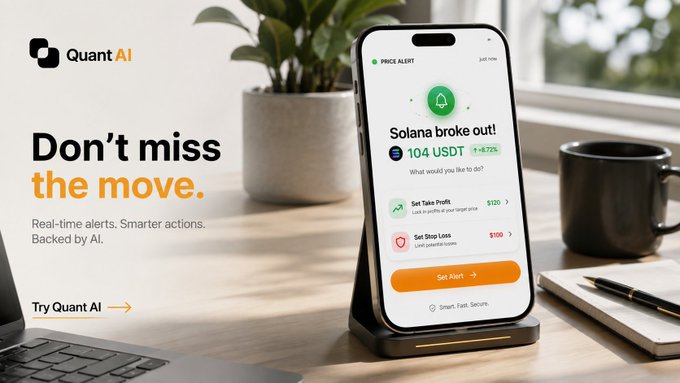 Marketing image for 'Quant AI' showing a phone with a 'PRICE ALERT' reading 'Solana broke out! 104 USDT +14.73%' alongside text 'Don't miss the move.'