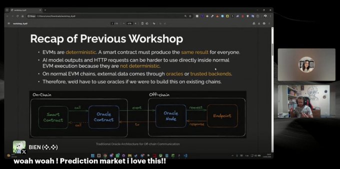 A video call or stream screenshot showing a presentation slide titled 'Recap of Previous Workshop' about EVMs and oracles, with a caption reading 'woah woah ! Prediction market i love this!!' and a participant visible in a side video feed.