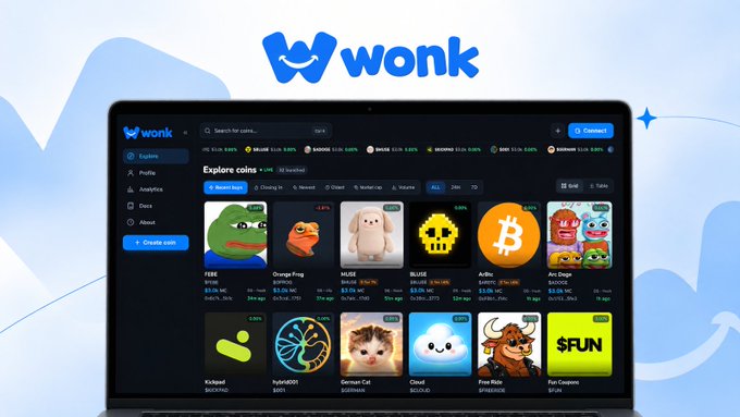 A promotional screenshot of the "wonk" meme coin platform displayed on a laptop, showing various cryptocurrency tokens including PEPE, Orange Frog, MUSK, BLUSS, Arctic, Arc Dogs, Kickad, hybrai001, German Cat, Cloud, Free Ride, and Fun Coupon.