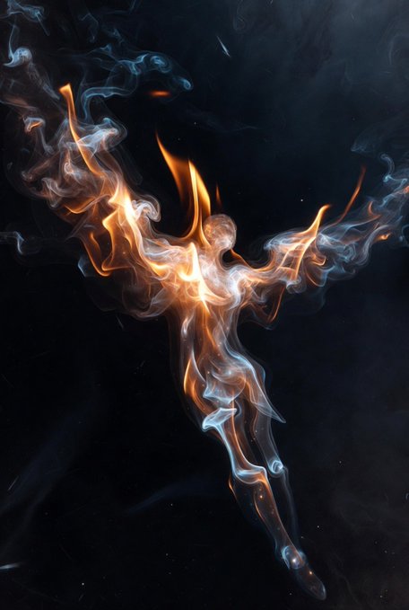 A digital art piece depicting an ethereal figure made of swirling orange flames and blue smoke against a dark background, resembling a dancer in mid-motion.