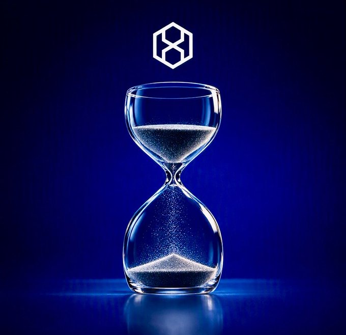 A glass hourglass filled with white sand against a dark blue background, with a Polygon (MATIC) logo floating above it.