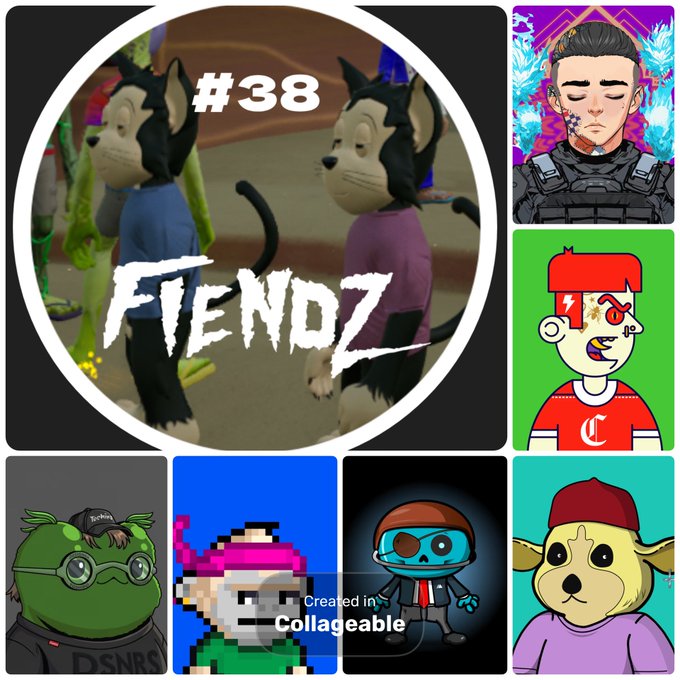 A collage featuring a central image of two cartoon-like dogs in shirts with '#38 FIENDZ' overlaid, surrounded by six smaller character illustrations on a dark background.