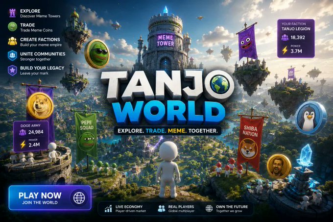 Promotional artwork for 'TANJO WORLD' with tagline 'EXPLORE. TRADE. MEME. TOGETHER.', featuring meme factions like Doge Army (24,984 power), Pepe Squad, Shiba Nation, and Tanjo Legion (18,392 power), with a 'PLAY NOW' button.