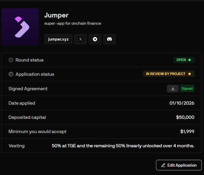 An application dashboard for Jumper, described as a "super-app for onchain finance," showing an "OPEN" round status, "IN REVIEW BY PROJECT" application status, a $50,000 deposited capital, and a $1,999 minimum acceptance.