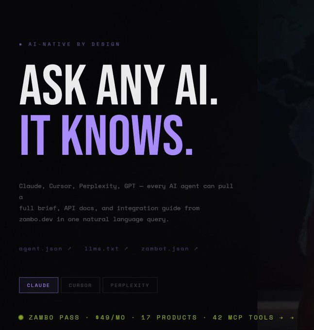 A dark-themed promotional graphic with the headline "ASK ANY AI. IT KNOWS." in bold white and lavender text, advertising zambo.dev's AI-native design that allows agents like Claude, Cursor, Perplexity, and GPT to pull documentation via files like agent.json, llms.txt, and zambot.json. The post ties into this by highlighting $zambo as a substantive Solana project—endorsing it as a legitimate AI utility token rather than a typical pump.fun meme coin or AI "larp" like $Zero.