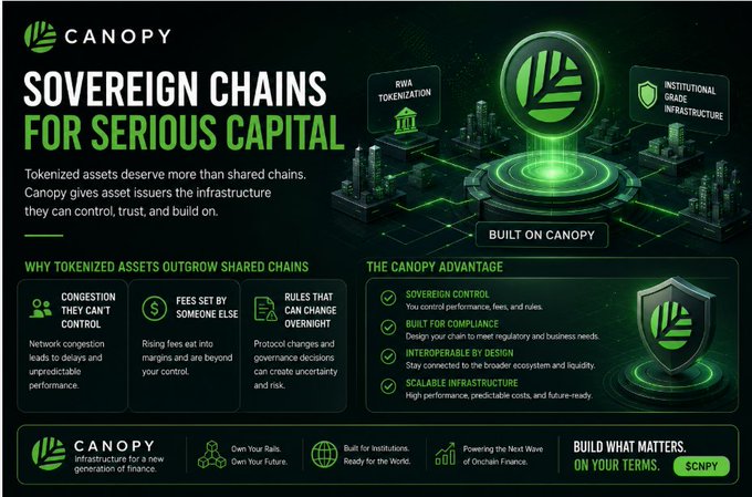 The image is a promotional graphic for Canopy ($CNPY) titled "Sovereign Chains for Serious Capital," highlighting their tokenized asset infrastructure with sections on why tokenized assets outgrow shared chains (citing congestion, fees, and governance issues) and Canopy's advantages (sovereign control, compliance, interoperability, and scalable infrastructure). It reinforces the post's message by visually emphasizing that asset issuers need ownership over their infrastructure rather than relying on shared chains, aligning with the call for predictable, controlled blockchain solutions for serious capital.