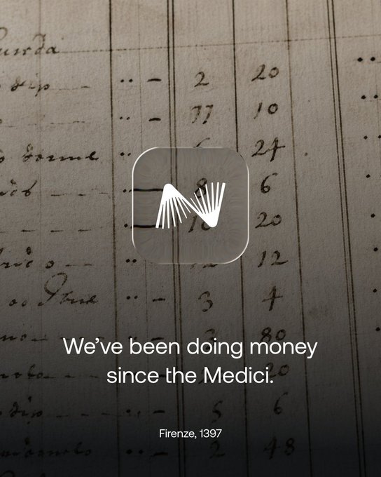An aged handwritten ledger from 1397 Firenze with columns of numbers is overlaid with the Mediolanum bank app icon, with the text "We've been doing money since the Medici." The image visually reinforces the post's message by connecting Mediolanum's modern digital banking brand to Europe's centuries-old financial heritage, using an authentic Renaissance-era bookkeeping document as a bridge between the Medici's origins of modern banking and today's fintech.