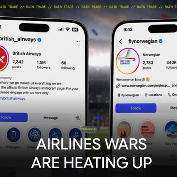 Two smartphones display the Instagram profiles of British Airways (@british_airways) and Norwegian (@flynorwegian), with overlaid text "AIRLINES WARS ARE HEATING UP" highlighting the playful logo-swap challenge between the two airlines ahead of a Norway vs. England match, a rivalry that prediction market platform @rain__trade quickly turned into a betting market.