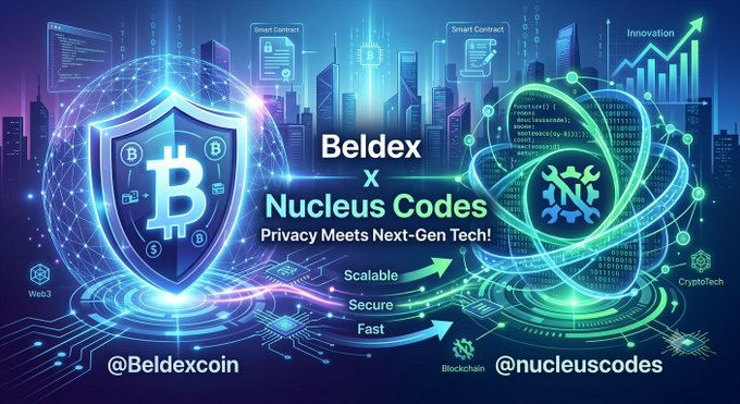 Promotional graphic for 'Beldex x Nucleus Codes' collaboration with tagline 'Privacy Meets Next-Gen Tech!' featuring Bitcoin shield imagery, blockchain icons, and attributes 'Scalable, Secure, Fast'.