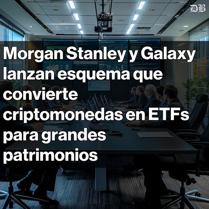 The image shows a group of people sitting around a conference table, with some of them using laptops or other devices. The room appears to be an office setting, as there are chairs placed around the table for seating. A large screen can also be seen in the background, possibly displaying information related to the post about Morgan Stanley and Galaxy Digital.