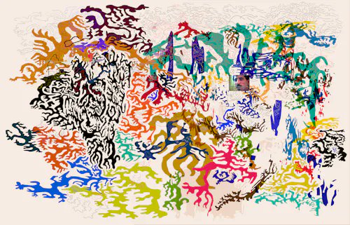 A colorful abstract artwork featuring multiple figures in vibrant colors on a white background.