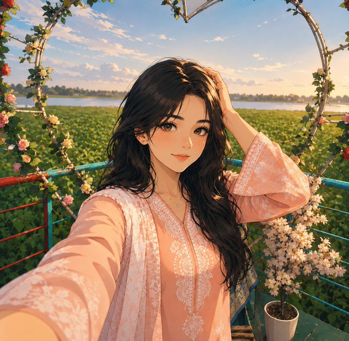 An anime-style illustration of a young woman with long dark hair taking a selfie in a pink embroidered dress, framed by a floral arch with a green field and water in the background.