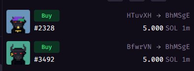 The image shows a marketplace listing for two bull-themed NFT tokens (#2328 and #3492), both priced at 5.000 SOL, with trading pairs HTuvXH → BhMSgE and BfwrVN → BhMSgE displayed alongside green "Buy" buttons. This relates to the "BULLTOSHI x $ANSEM" post by showcasing available BULLTOSHI NFT purchases connected to the $ANSEM ecosystem.