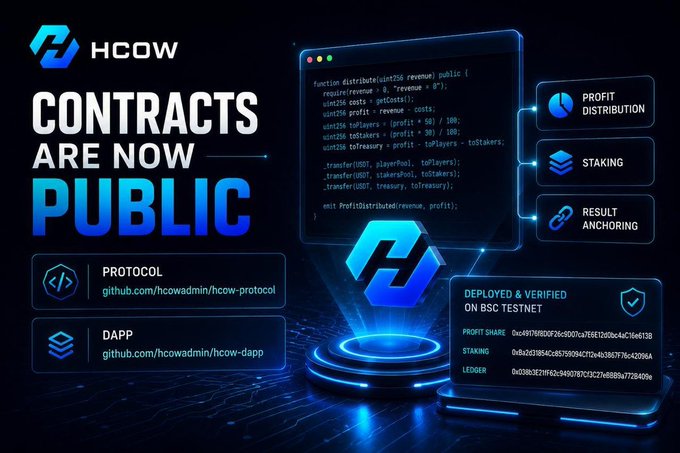An HCOW announcement states 'CONTRACTS ARE NOW PUBLIC', detailing Profit Distribution, Staking, and Result Anchoring with GitHub links for the protocol and DAPP, verified on the BSC testnet.