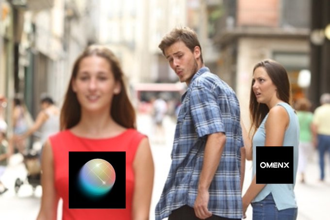 A man in a plaid shirt is distracted by the Base logo on a woman in red, turning away from a woman labeled "OMENX" in blue. The meme references the post's claim that Base overlooked OmenX, a homegrown Base prediction market, in favor of World.xyz and Robinhood.

**Text visible:** "OMENX"