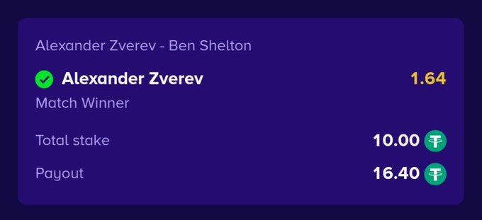 A sports betting slip showing a wager on Alexander Zverev to win the match against Ben Shelton, with odds of 1.64, a total stake of 10.00, and a potential payout of 16.40.