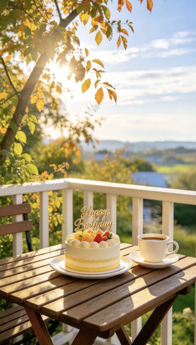 A birthday scene on a balcony with a small fruit-topped cake bearing a 'Happy Birthday' topper, a cup of coffee, and a sunlit lake view in the background.