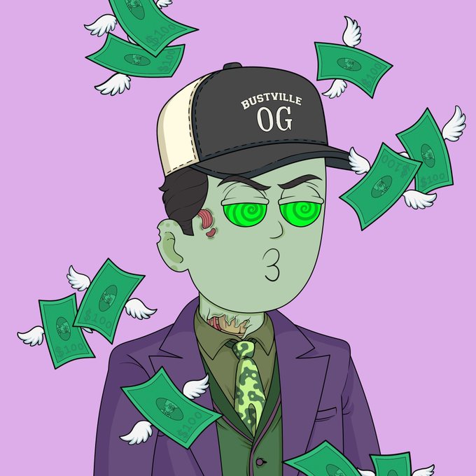 An illustration of a character with green skin and glowing green eyes wearing a 'BUSTVILLE OG' cap, surrounded by flying dollar bills with wings against a purple background.