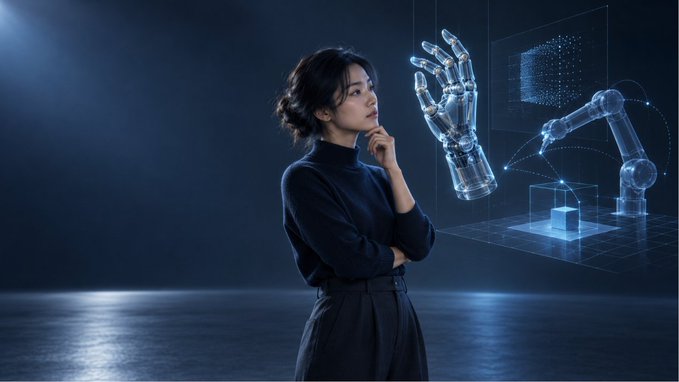 A contemplative woman in a black turtleneck gazes thoughtfully at a holographic robotic hand and arm floating beside her in a dimly lit space. The futuristic, technology-focused imagery visually reinforces the post's discussion of Axis Robotics and the intersection of human decision-making with physical AI and robotics infrastructure.