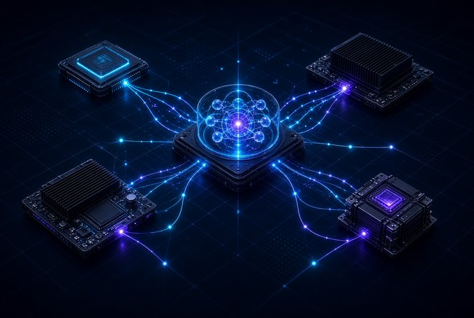 A futuristic digital illustration of a glowing blue and purple atomic structure connected by energy lines to four computer chips on a dark grid background.