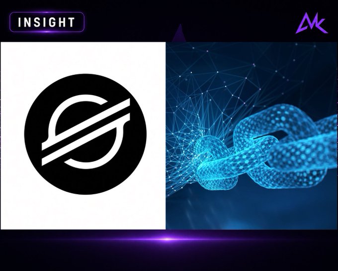 A graphic showing the Stellar (XLM) cryptocurrency logo on the left alongside a glowing blue blockchain chain visualization on the right, with 'INSIGHT' text at the top.