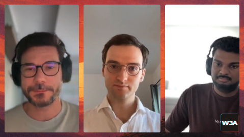 A video call screenshot featuring three men wearing headphones and glasses, with the W3A logo visible in the bottom right corner.