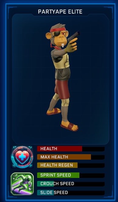 A character profile card titled "PARTYAPE ELITE" displays a stylized monkey character wearing sunglasses and a red bandana while holding a gun, featuring stat bars for Health, Max Health, Health Regen, Sprint Speed, Crouch Speed, and Slide Speed. The image showcases the "Elite" variant of the Billionaire Club Party Apes NFT collection.