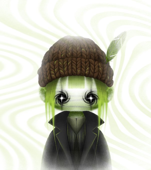 A stylized character with green hair, a knitted beanie adorned with a leaf, and star-shaped eyes wears a dark blazer, set against a swirling pale green background—evoking a whimsical, dreamlike NFT avatar likely associated with the "pyopyopyo" allowlist announcement.