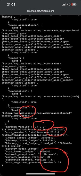 The image shows a JSON response from the Stellar Mainnet API (`api.mainnet.minepi.com`) displayed on a mobile browser, with red circles highlighting the protocol version details: "horizon_version: 27.0.0", "core_supported_protocol_version: 27", and "current_protocol_version: 27". This confirms the Stellar blockchain has been upgraded to protocol version 27, matching the announcement that the Mainnet has been upgraded to v27.