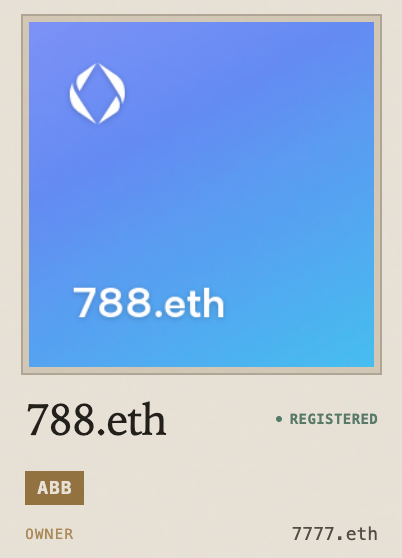 A registered ENS domain page for '788.eth' owned by '7777.eth' with the ETH logo on a blue gradient background.