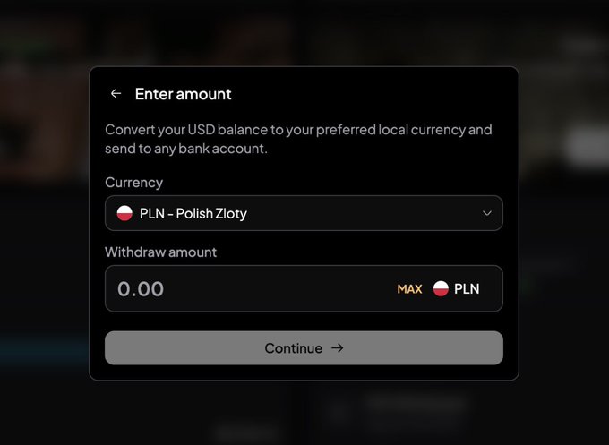 A withdrawal interface shows "Enter amount" with PLN - Polish Złoty selected as the currency, allowing conversion of USD balance to Polish Złoty (PLN) for withdrawal to a bank account, illustrating the new PLN offramp feature mentioned in the post.