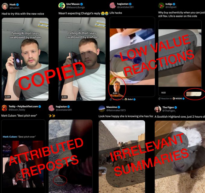 A grid of eight X/Twitter posts is overlaid with red labels accusing creators of "COPIED," "LOW VALUE REACTIONS," "ATTRIBUTED REPOSTS," and "IRRELEVANT SUMMARIES," visually reinforcing the post's claim that many "creators" are merely recycling content rather than producing original work.