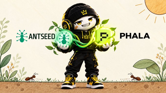 A promotional graphic featuring an animated chibi character holding glowing logos for "ANTSEED" (with a green ant icon) and "PHALA" (with a green P icon), set against a nature-themed background with plants, ants, and a sun.