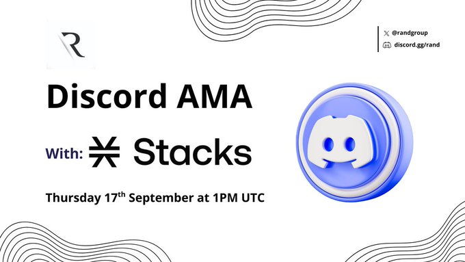 A promotional graphic announcing a Discord AMA with Stacks, scheduled for Thursday 17th September at 1PM UTC, hosted by @randgroup with a Discord logo and join link at discord.gg/rand.