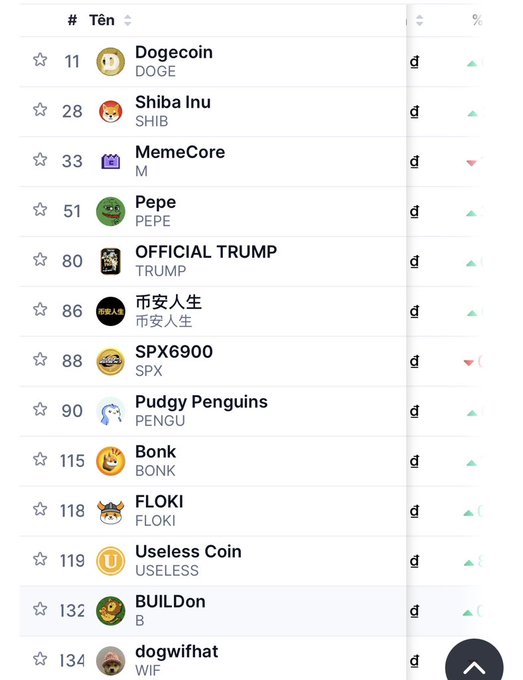 A cryptocurrency ranking list showing meme coins including Dogecoin (#11), Shiba Inu (#28), MemeCore (#33), Pepe (#51), and OFFICIAL TRUMP (#80).